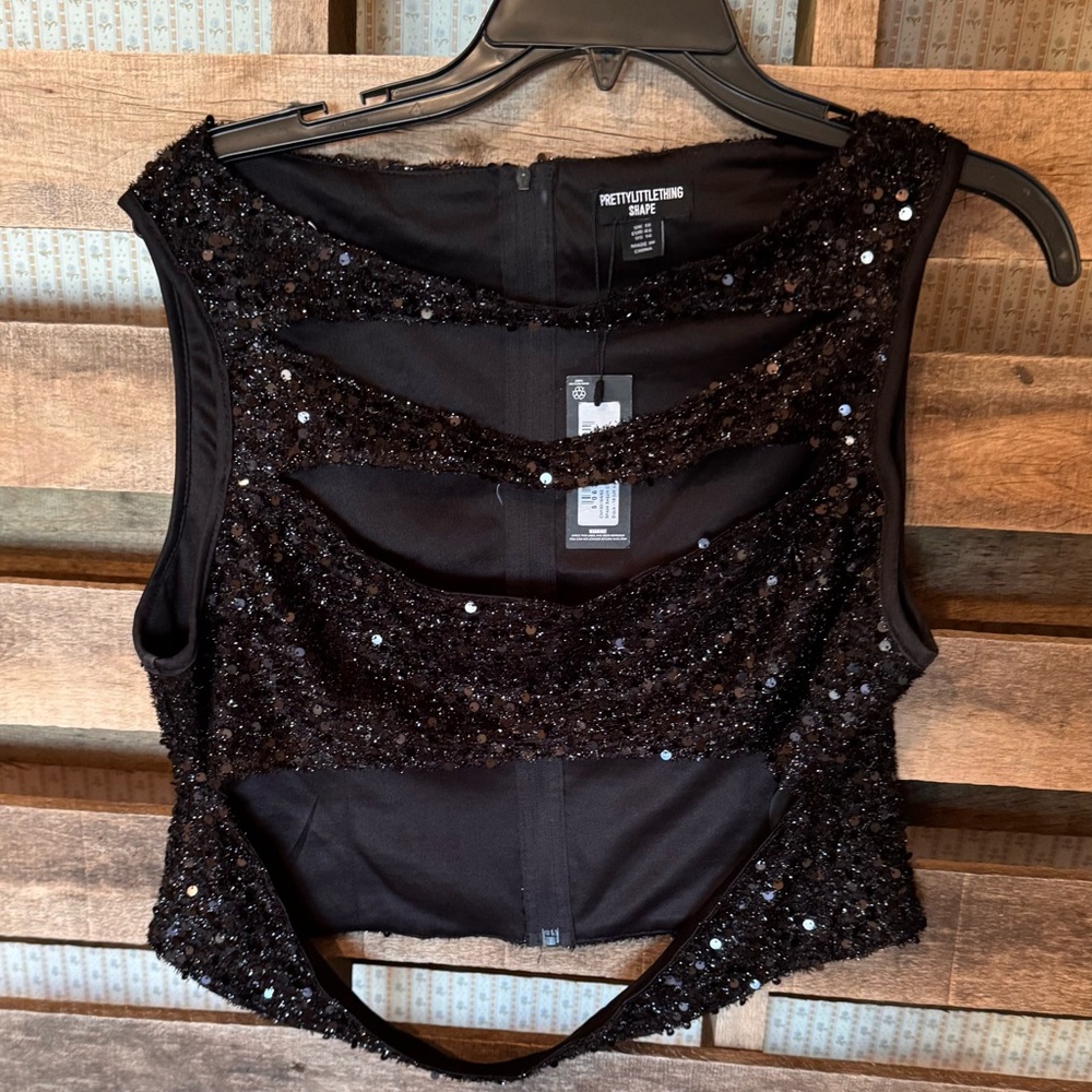 PrettyLittleThing Sequin Black Crop Top With Cutout Details